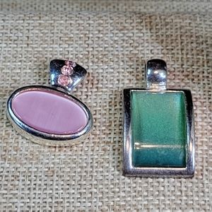 Set of 2 Silver Tone Pendants 1 Green Sparkle Glass 1 Pink Cats Eye & Rhinestone